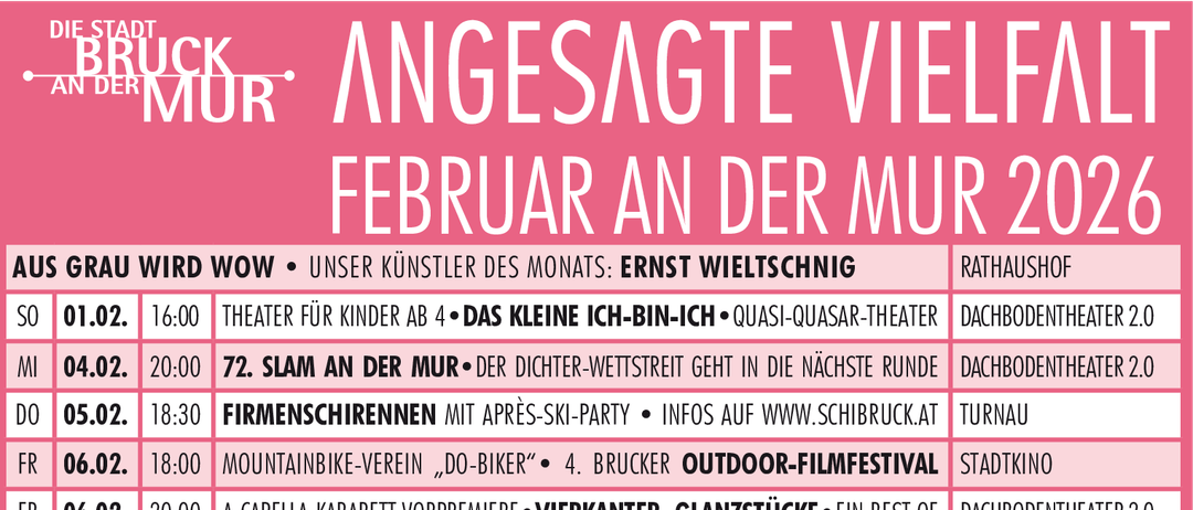Das Bild listet verschiedene Veranstaltungen für den Februar 2020 auf. Jede Veranstaltung enthält Datum, Uhrzeit, Name, Veranstaltungsort und eine kurze Beschreibung. Die Veranstaltungen reichen von Theater für Kinder, Filmvorführungen, musikalischen Darbietungen bis hin zu Yoga-Kursen und Vorträgen.
