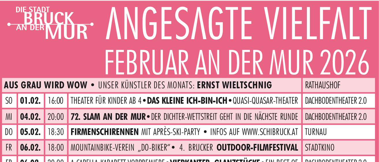 Das Bild listet verschiedene Veranstaltungen für den Februar 2020 auf. Jede Veranstaltung enthält Datum, Uhrzeit, Name, Veranstaltungsort und eine kurze Beschreibung. Die Veranstaltungen reichen von Theater für Kinder, Filmvorführungen, musikalischen Darbietungen bis hin zu Yoga-Kursen und Vorträgen.