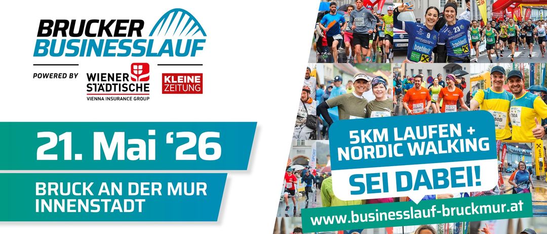 Plakat für den Mur-Business-Lauf, zeigt eine Collage von Läufern in verschiedenen Posen und Orten. Die Veranstaltung wird von Raiffeisen und Kleine Zeitung gesponsert. Datum: 26. Mai. Besuchen Sie www.businesslauf.at.