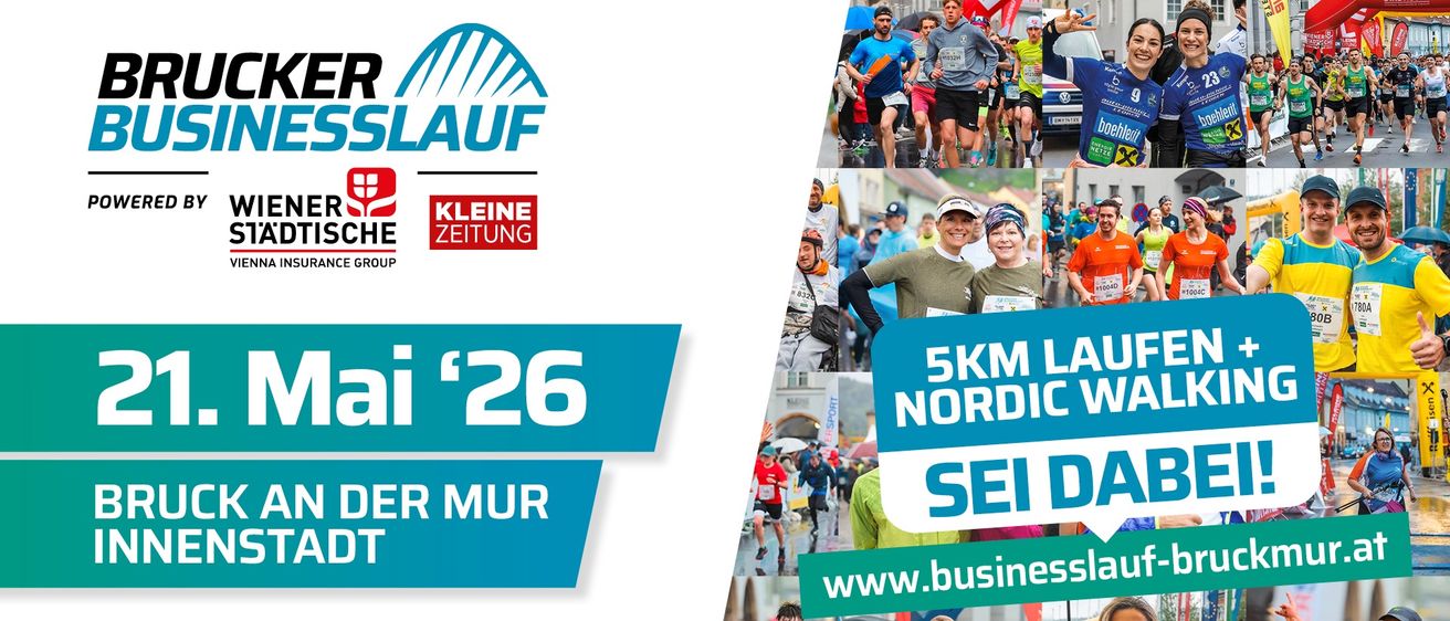Plakat für den Mur-Business-Lauf, zeigt eine Collage von Läufern in verschiedenen Posen und Orten. Die Veranstaltung wird von Raiffeisen und Kleine Zeitung gesponsert. Datum: 26. Mai. Besuchen Sie www.businesslauf.at.