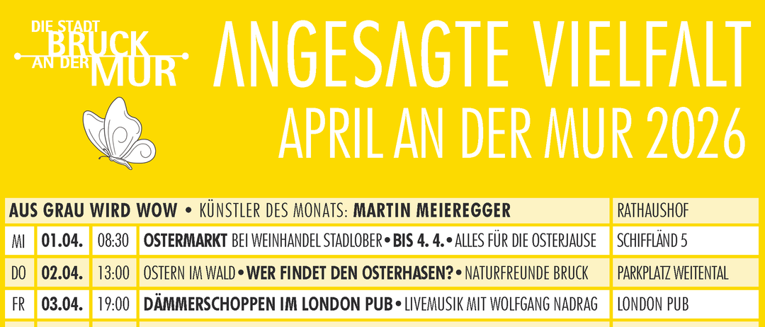 Das Bild ist ein Veranstaltungskalender für April in Murk mit täglichen Aktivitäten wie Weinmarkt, Live-Musik und verschiedene Workshops. Es beinhaltet Outdoor-Aktivitäten, Theater und familienfreundliche Veranstaltungen. Die Events finden an verschiedenen Orten in Murk statt.
