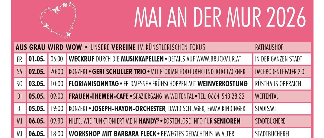 Ein Zeitplan für Veranstaltungen im Mai an der Mur. Aktivitäten umfassen Konzerte, Workshops und Kindertheater. Daten und Zeiten sind zusammen mit den Orten angegeben.