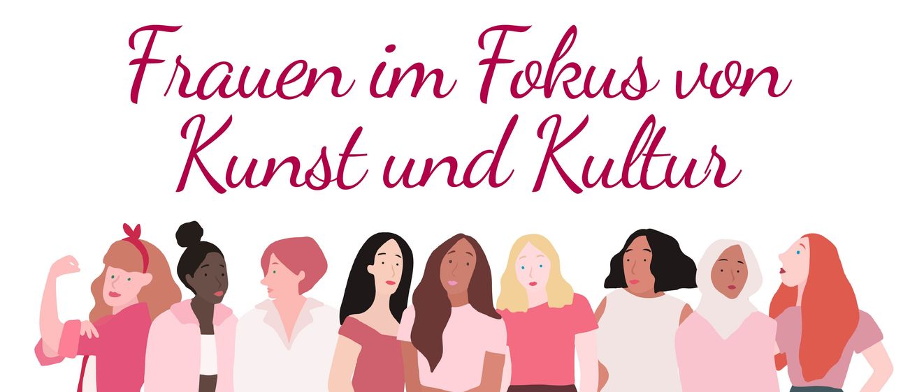 Ein Plakat zeigt eine Gruppe von Frauen, die zusammenstehen und ihren Fokus auf Kunst und Kultur betonen. Der Text darüber lautet 'Frauen im Fokus von Kunst und Kultur.' Unten steht 'Liselotte Zechner Frauenpreis der Stadt Bruck an der Mur.' Unten rechts ist eine Silhouette einer Frau.