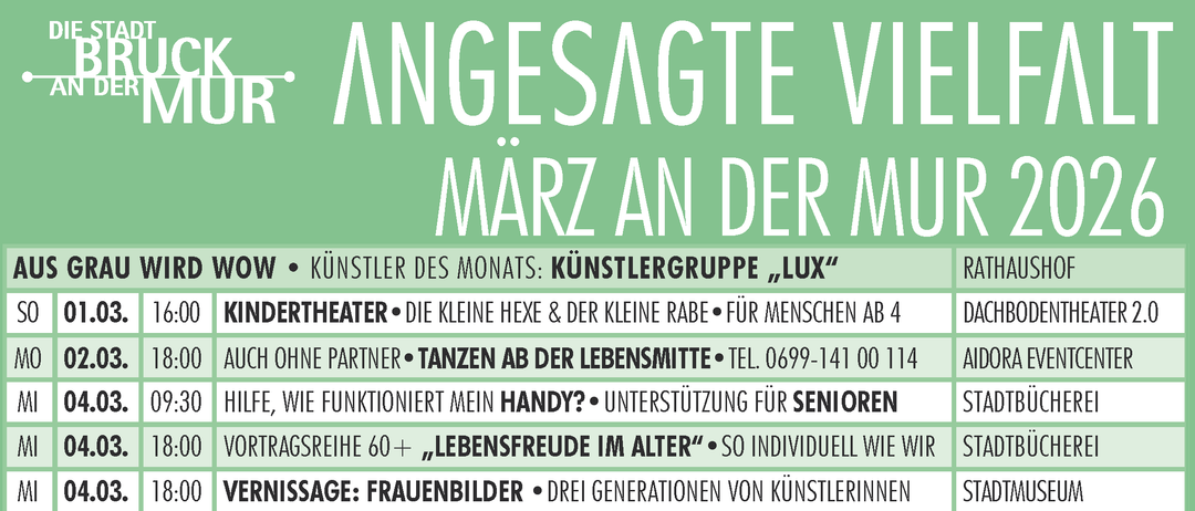 Veranstaltungskalender für März in Graubünden mit verschiedenen Aufführungen, Workshops und Vorträgen von Künstlern und Gruppen wie 'Lux', 'Kindertheater' und 'Rudi Katholnig Trio' an Orten wie Rathhaus, Dachbodentheater und Stadtbücherei.