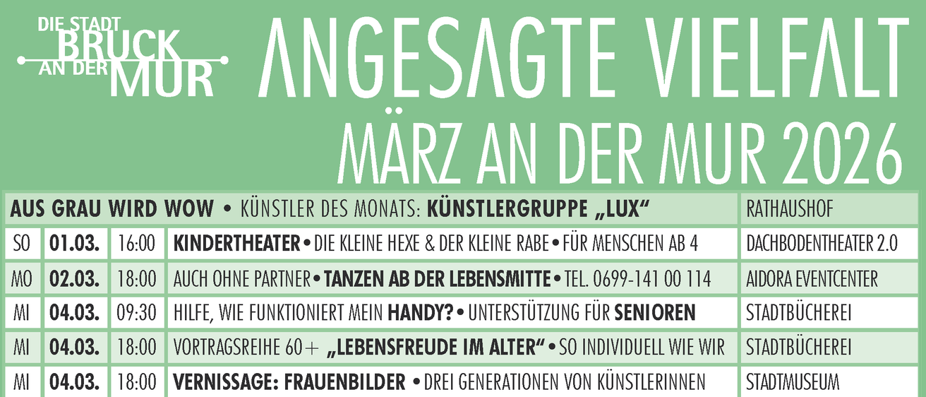 Veranstaltungskalender für März in Graubünden mit verschiedenen Aufführungen, Workshops und Vorträgen von Künstlern und Gruppen wie 'Lux', 'Kindertheater' und 'Rudi Katholnig Trio' an Orten wie Rathhaus, Dachbodentheater und Stadtbücherei.