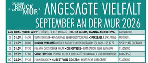 Ein Zeitplan für Veranstaltungen im September 2020 mit verschiedenen Aktivitäten wie Nordic Walking, Filmvorführungen und Musikfestivals. Jede Veranstaltung ist mit Datum, Uhrzeit und Ort aufgeführt.