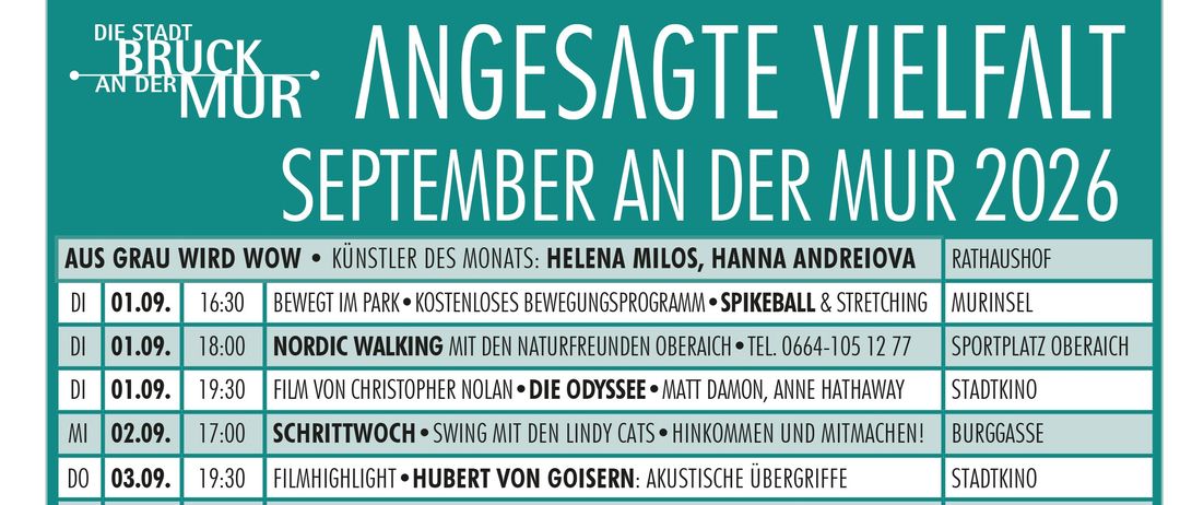 Ein Zeitplan für Veranstaltungen im September 2020 mit verschiedenen Aktivitäten wie Nordic Walking, Filmvorführungen und Musikfestivals. Jede Veranstaltung ist mit Datum, Uhrzeit und Ort aufgeführt.