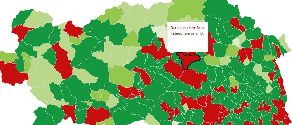 Eine Karte, die die Regionen um die Mur zeigt, kategorisiert als 1A. Verschiedene Regionen sind in Grün und Rot hervorgehoben.