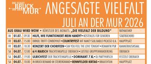 Ein Zeitplan für Veranstaltungen im Juli 2020, einschließlich verschiedener Konzerte und kultureller Aktivitäten an verschiedenen Orten. Die Veranstaltungen reichen von Country-Musikfestivals bis hin zu klassischen Musikaufführungen.