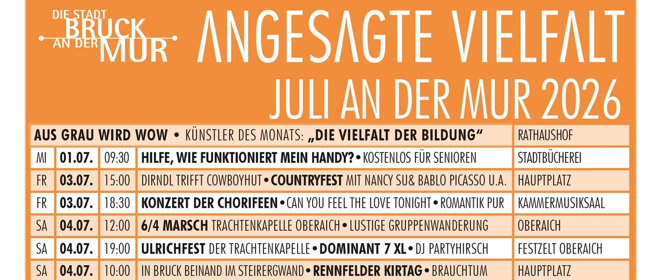 Ein Zeitplan für Veranstaltungen im Juli 2020, einschließlich verschiedener Konzerte und kultureller Aktivitäten an verschiedenen Orten. Die Veranstaltungen reichen von Country-Musikfestivals bis hin zu klassischen Musikaufführungen.