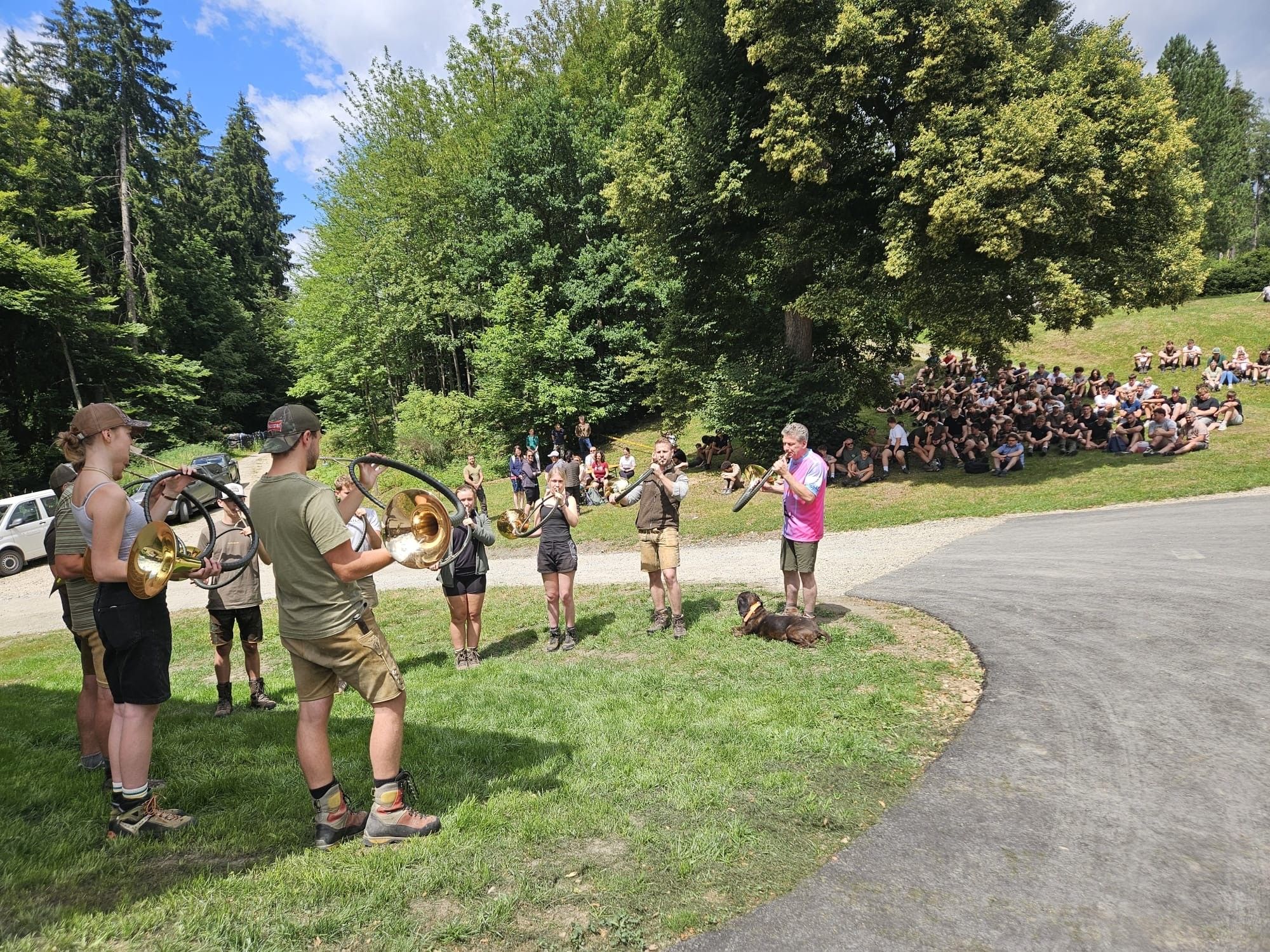Eine Gruppe von Musikern spielt auf einer Grasfläche, während ein Publikum auf dem Hang im Hintergrund sitzt. Die Musiker spielen Blechblasinstrumente.