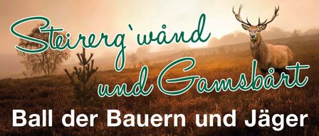 Plakat für Ball der Bauern und Jäger am 31. Januar 2026, Beginn um 20:00 Uhr in AIDORA Oberaich. Mit Musik von Anbradler, Polonaise der Landjugend, SchieBkino und Verlust. Hintergrund mit Weizenfeld.