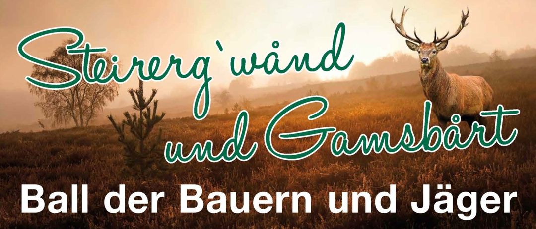 Plakat für Ball der Bauern und Jäger am 31. Januar 2026, Beginn um 20:00 Uhr in AIDORA Oberaich. Mit Musik von Anbradler, Polonaise der Landjugend, SchieBkino und Verlust. Hintergrund mit Weizenfeld.