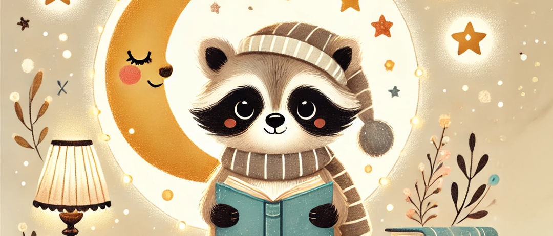 Ein Waschbär liest ein Buch unter einem Halbmond, umgeben von Sternen und einer Lichterkette. Eine Lampe und ein Glas Getränk sind in der Nähe.