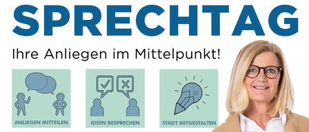 Plakat mit einer Frau und Stadtlandschaft, das einen Sprechtag am 27. Januar 2026 bewirbt. Der Text lautet 'Ihre Meinung zählt.' und lädt Bürger ein, ihre Ideen zu teilen.
