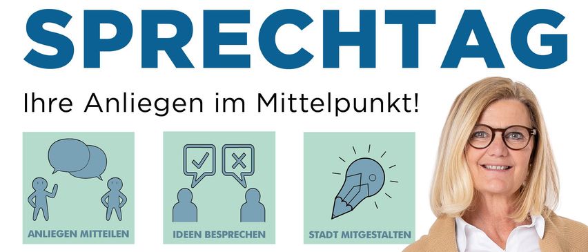 Plakat mit einer Frau und Stadtlandschaft, das einen Sprechtag am 27. Januar 2026 bewirbt. Der Text lautet 'Ihre Meinung zählt.' und lädt Bürger ein, ihre Ideen zu teilen.