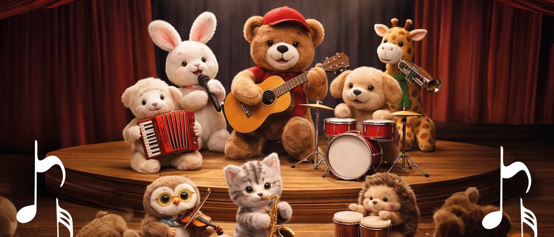 Plakat für ein Plüschtierkonzert mit spielenden Plüschtieren. Der Text lautet 'KUSCHELTIERKONZERT Folge 4: Volksmusik'. Empfohlen für Kinder ab 4 Jahren in Begleitung ihrer Lieblingskuscheltiere.