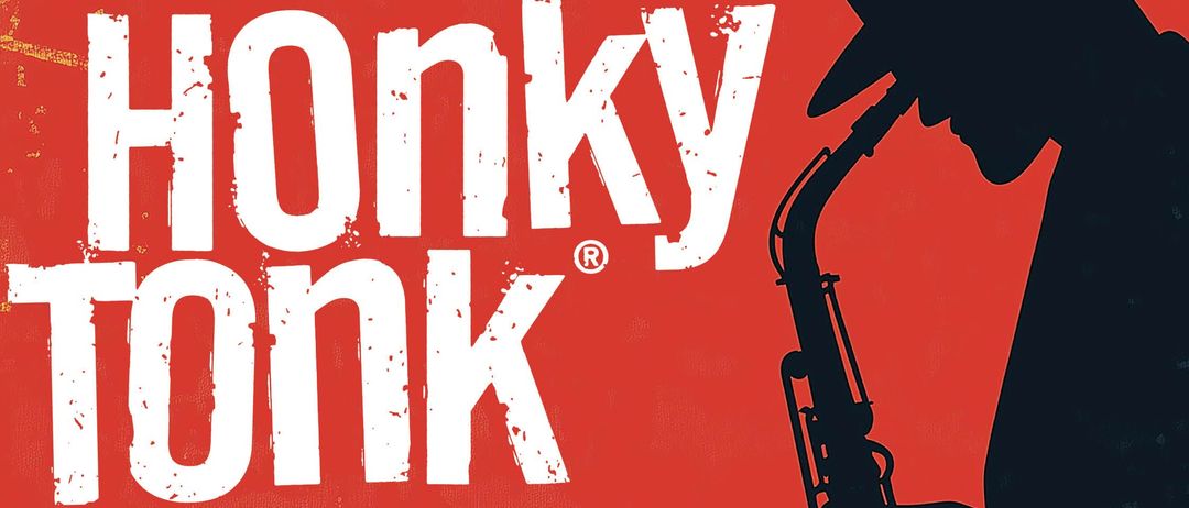 Plakat für das Honky Tonk Festival mit einer Silhouette eines Saxophonisten vor rotem Hintergrund. Die Veranstaltung findet am Samstag, 25. April 2026, in Bruck/Mur statt. Tickets können bei my-ticket.shop gekauft werden.