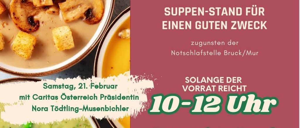 Veranstaltungsposter für einen Suppenstand für einen guten Zweck, mit verschiedenen Suppen und Zeiten sowie einem Aufruf für Samstag in der Fastenzeit.