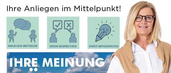 Plakat für den Bürgersprechtag am 3. März 2026. Es zeigt eine Frau vor einer Stadtlandschaft. Das Plakat enthält die Phrase 'Ihre Meinung zahl.' und Symbole für Ideenaustausch und Lösungen.
