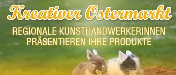 Kreativer Ostermarkt-Werbeplakat. Zeigt Kaninchen auf einem Baumstumpf. Regionale Kunsthandwerkerinnen präsentieren ihre Produkte. Termine: 23. bis 28. März 2026. Ort: Rathaushof. Öffnungszeiten: Mo.-Fr.: 8-17 Uhr, Sa.: 8-11 Uhr. Stadt Bruck an der Mur.