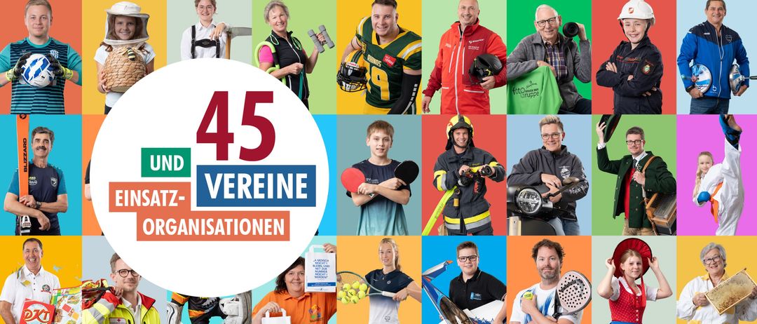 Ein Plakat mit einer Collage von Menschen in Sportkleidung, die eine Vereinsmesse am Freitag, 22. Mai 2026, von 9 bis 18 Uhr am Hauptplatz & Rathaushof bewerben. Die Veranstaltung umfasst 45 teilnehmende Organisationen.