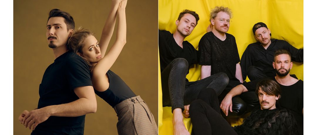 Zwei Bilder zeigen ein Paar und eine Band. Das Paar tanzt in schwarzen Outfits, der Mann hält die Taille der Frau. Die Band posiert vor gelbem Hintergrund, alle in Schwarz, ein Mann trägt einen Hut.