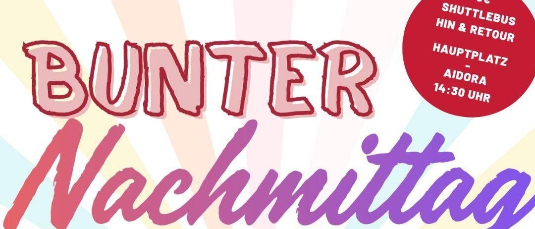 Bunte Nachmittag am Freitag, 24. April 2026, von 15 Uhr bis 18 Uhr in Aidorea Oberaich, Bruckerstraße 71. Eintritt: Freiwillige Spende. Tanz, Spiele und Spaß mit Live-Musik!
