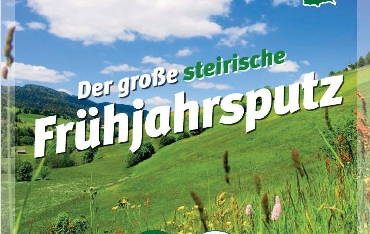 Poster des großen steirischen Frühjahrsputzes. Es zeigt eine grüne Wiese mit Blumen und Hügeln. Der Himmel ist blau mit Wolken. Das Poster ist auf Deutsch.