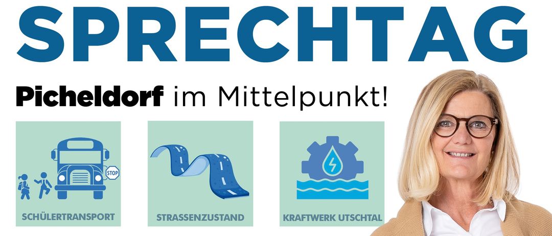 Plakat für einen Rede-Event. Eine Frau steht mit einem Schal und spricht. Das Event ist am 26. Mai 2026. Themen sind Schultransport, Straßenzustand und Kraftwerk.