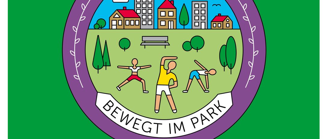Plakat bewirbt ein Fitnessprogramm im Park ohne Anmeldung von Juni bis September 2026. Ein Logo zeigt Menschen beim Training und eine Parkszene.