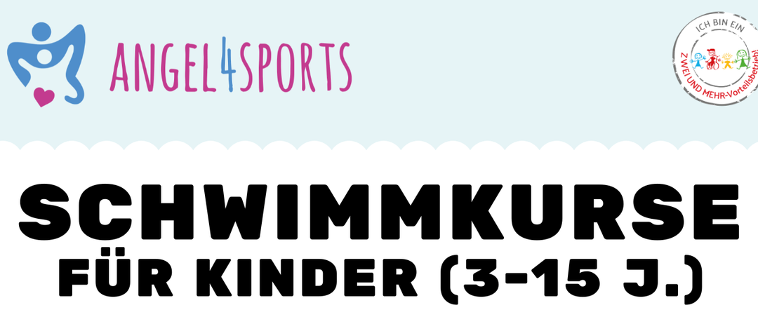 Plakat für Schwimmkurse für Kinder im Alter von 3-15 Jahren. Kurszeiten: Mo 13. - Do 16.07.2026. Anfänger- oder Fortgeschrittenenkurse verfügbar. Kontakt für weitere Details.