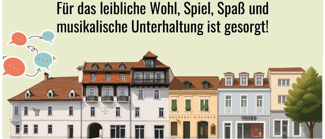 Plakat für eine Gemeinschaftsveranstaltung am 22. Juli 2026 mit einer Reihe von Gebäuden und einer Botschaft über ein angenehmes Zusammensein.