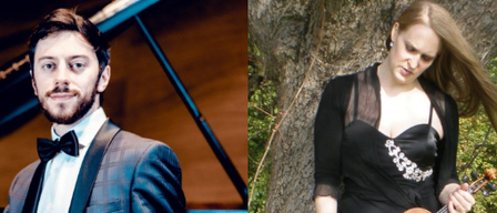 Ein Collage von vier Musikern, jeder in einer anderen Umgebung. Der erste ist ein Mann, der Klavier spielt, der zweite ist eine Frau, die in einem Wald Geige spielt, der dritte ist ein Mann, der in einem weißen Hintergrund lächelt, und der vierte ist ein Streichquartett in einem Flur.
