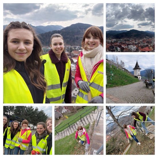 Eine Collage von Bildern junger Frauen in Warnwesten, die lächelnd und posierend vor einer Bergkulisse, einer Stadtansicht und beim Saubermachen von Treppen zu sehen sind.