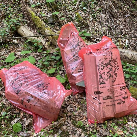 Drei rote Plastiktüten mit Abfall liegen auf dem Waldboden. Die Tüten haben gedruckte Designs und Text.