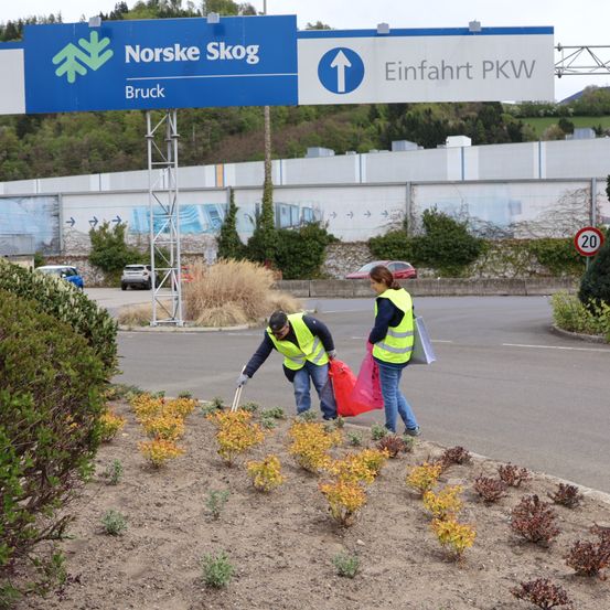 Zwei Personen in Warnwesten reinigen einen Bereich mit verschiedenen Pflanzen und Sträuchern. Ein blaues Schild mit weißen Texten lautet Norske Skog. Ein Geschwindigkeitslimit-Schild für 20km/h ist sichtbar.