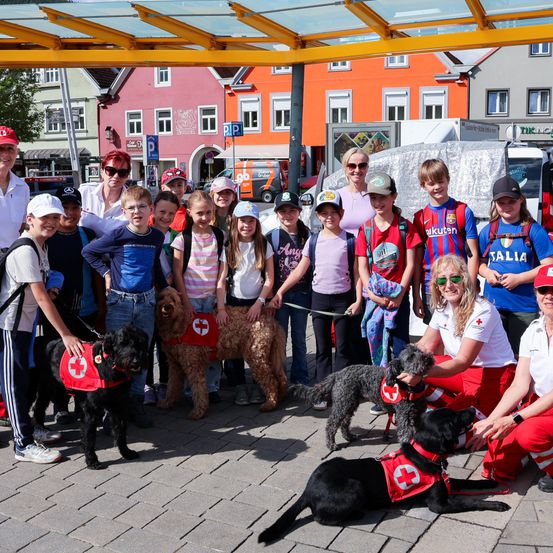 Eine Gruppe von Kindern mit ihren Diensthunden und Rotkreuz-Mitarbeitern steht auf einer Straße. Sie tragen Uniformen und Hüte. Ein Hund vorne trägt ein rotes Kreuz.