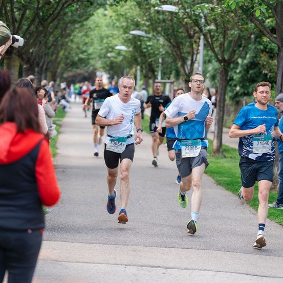 Ein Marathon ist im Gange, Läufer sind auf einem gepflasterten Weg mit Bäumen und Zuschauern an der Seite zu sehen. Ein Mann in einem weißen Shirt führt, gefolgt von einem Mann in einem blauen Shirt. Zuschauer beobachten und feuern sie an.