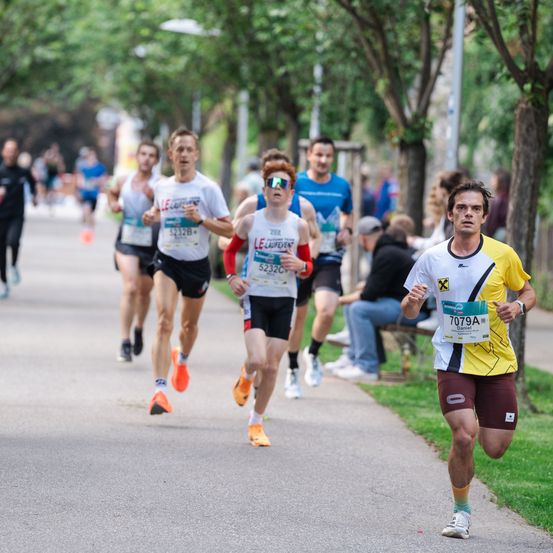 Marathonläufer treten auf einer asphaltierten Straße an, wobei Bäume den Weg säumen. Zuschauer beobachten von der Seitenlinie.