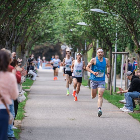 Ein Marathonlauf ist im Gange. Läufer sprinten einen von Bäumen gesäumten Weg hinunter, während Zuschauer sie von den Seiten anfeuern.