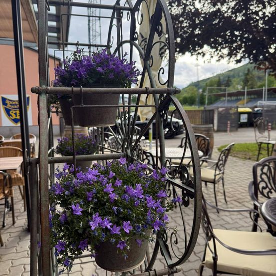 Eine Metallstruktur hält drei Töpfe mit lila Blumen in einem Garten. Stühle und Tische umgeben den Bereich. Bäume und Berge sind im Hintergrund.