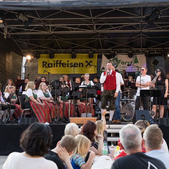 Ein Live-Auftritt auf der Bühne mit einem Mann, der in ein Mikrofon singt, begleitet von einer Band und einem Chor. Im Hintergrund befinden sich Banner und das Publikum schaut zu.