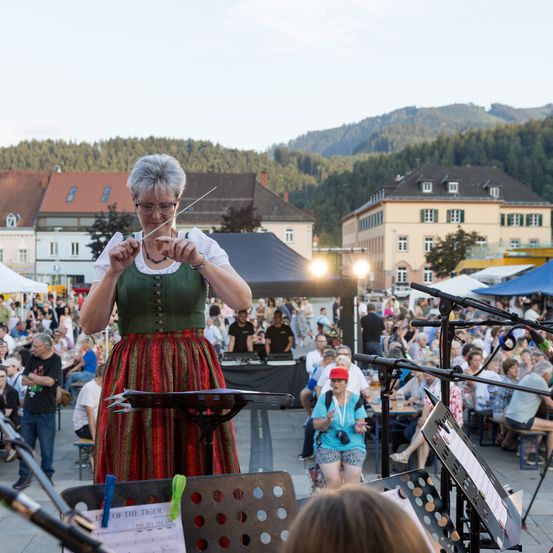 Eine ältere Frau dirigiert ein Orchester auf einem Stadtplatz vor einem großen Publikum. Im Hintergrund befinden sich Berge und Gebäude.