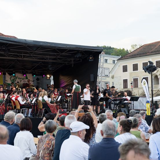 Ein lebhaftes Open-Air-Konzert findet statt, mit einer Band auf der Bühne und einem Publikum, das die Aufführung genießt. Im Hintergrund sind Gebäude und Bäume sichtbar.