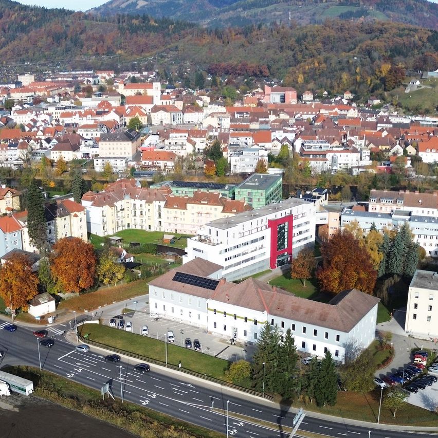 Eine Luftaufnahme einer Stadt mit vielen Gebäuden, einige mit roten Dächern, und einer Straße mit Autos. Bäume und Berge im Hintergrund.