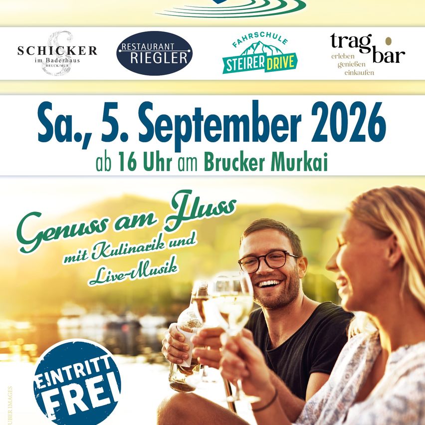 Ein Veranstaltungsposter für den 5. September 2026, das einen Mann und eine Frau zeigt, die Getränke genießen und lächeln, mit Text auf Deutsch und Englisch.