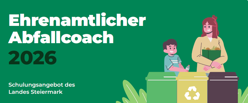 Eine Illustration einer Frau und eines Jungen, die neben Recycling-Behältern mit dem Text 'Ehrenamtlicher Abfallcoach 2026' auf einem grünen Hintergrund stehen.