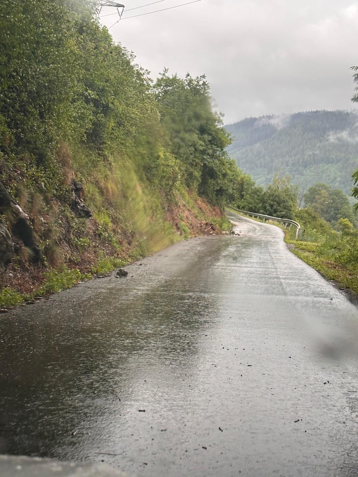 Eine nasse Straße umgeben von üppiger Grünfläche senkt sich mit einem Metallgeländer. In der Ferne sind Berge in Nebel gehüllt unter einem bewölkten Himmel.