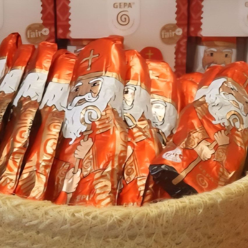 Ein Korb mit orangefarbenen Schokoladenfiguren mit weißen Bärten und Hüten, möglicherweise Sankt Nikolaus, ausgestellt in einem Geschäft.